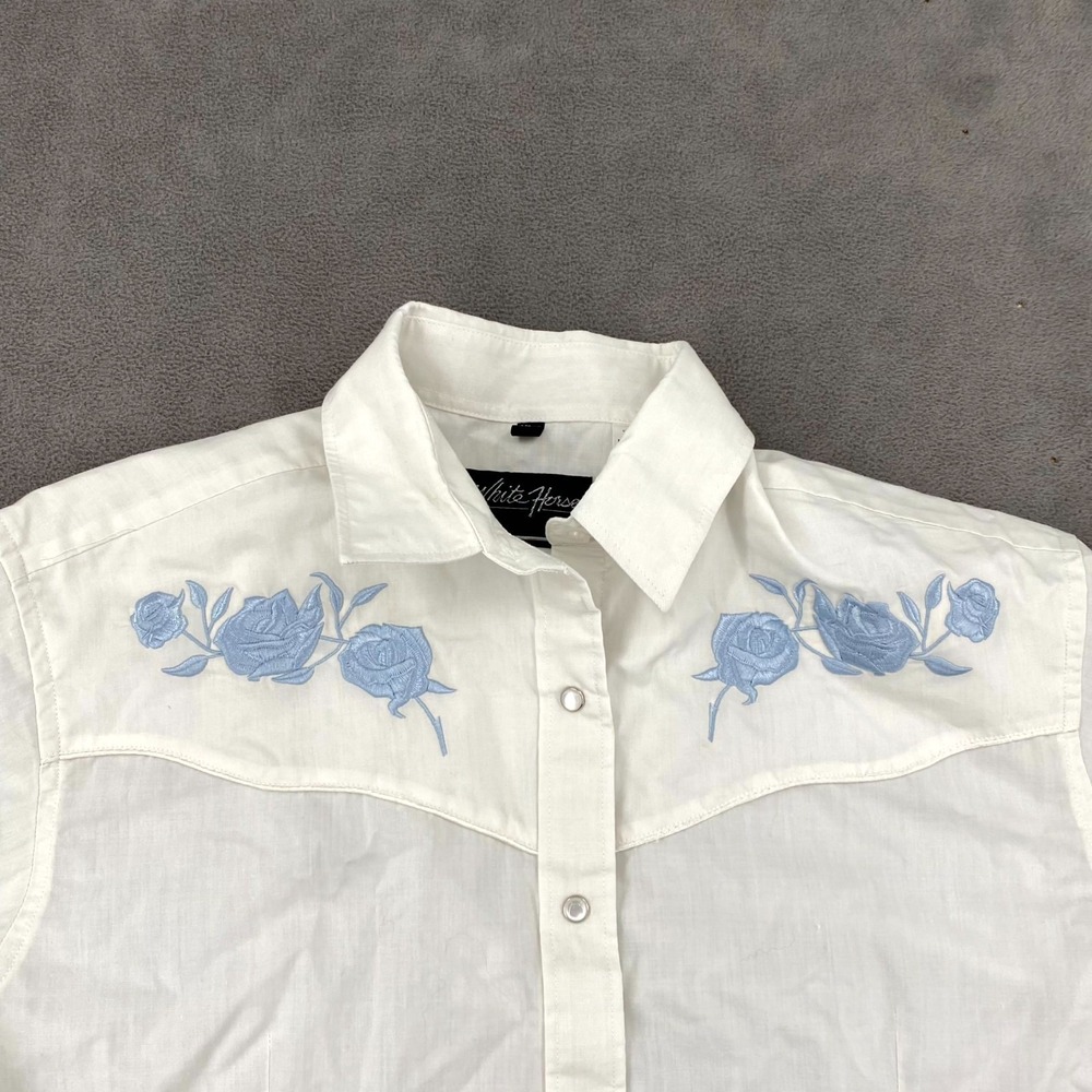 White Horse Western Shirt Women Medium White Floral Embroidered Pearl Snap Ranch - Picture 3 of 7